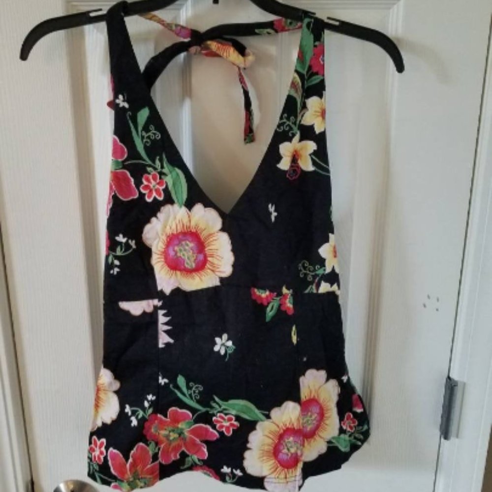 Halter Top Black yellow coral green Flowers